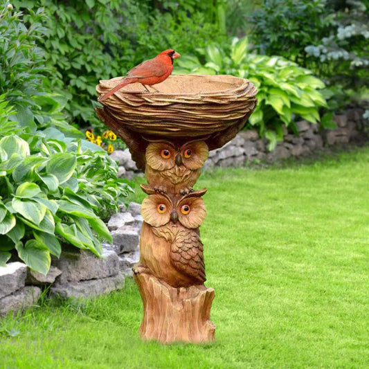 Miniature Bird Bath & Feeder Pedestal Free Standing Garden Bird Outdoor bath Tray Owl Dsgn