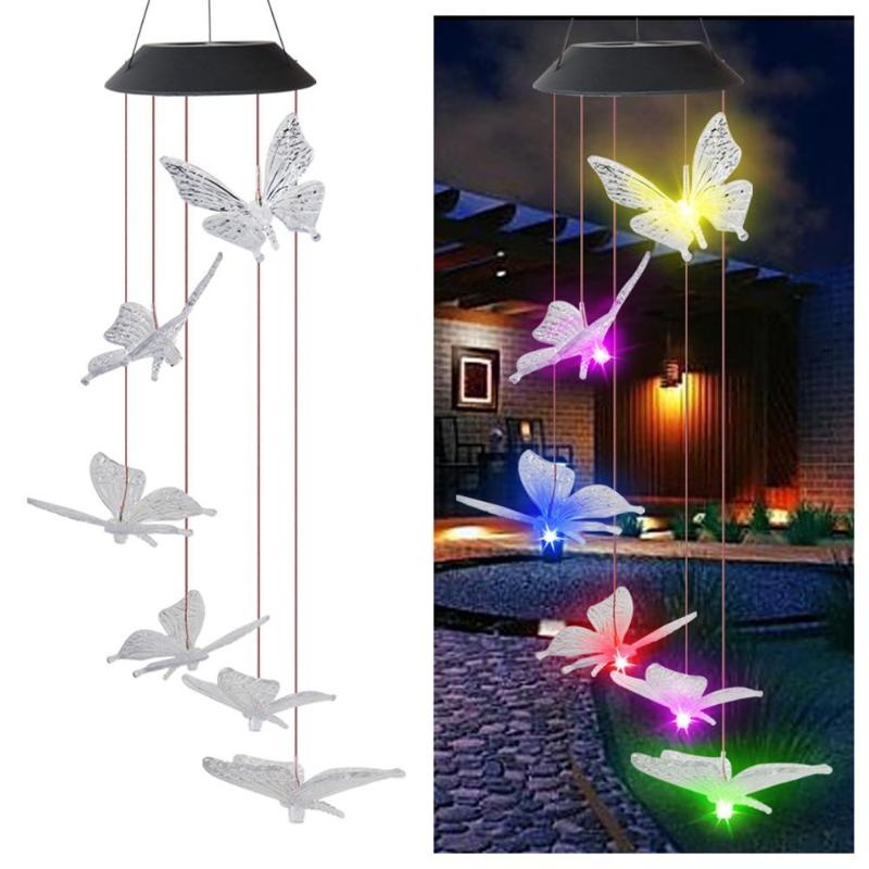 6LED Solar Power Changeable Light IP65 Waterproof Colorful Butterfly Wind Chime Lamp for Home Outdoor Garden Yard Decoration