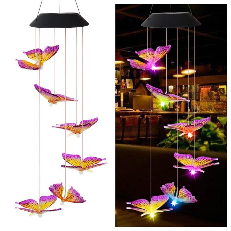 6LED Solar Power Changeable Light IP65 Waterproof Colorful Butterfly Wind Chime Lamp for Home Outdoor Garden Yard Decoration