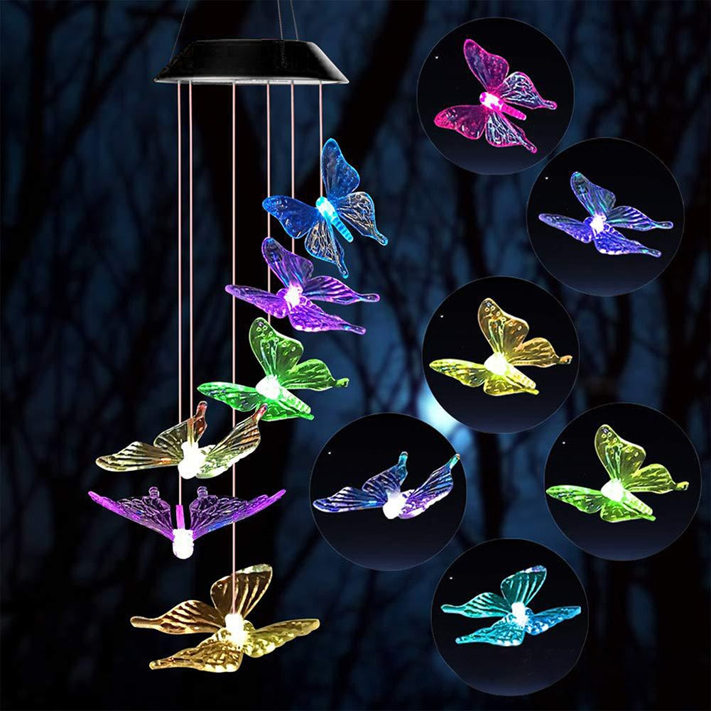 6LED Solar Power Changeable Light IP65 Waterproof Colorful Butterfly Wind Chime Lamp for Home Outdoor Garden Yard Decoration