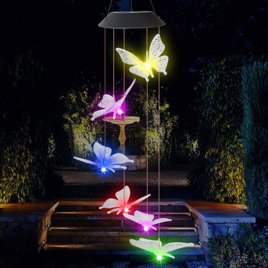 6LED Solar Power Changeable Light IP65 Waterproof Colorful Butterfly Wind Chime Lamp for Home Outdoor Garden Yard Decoration