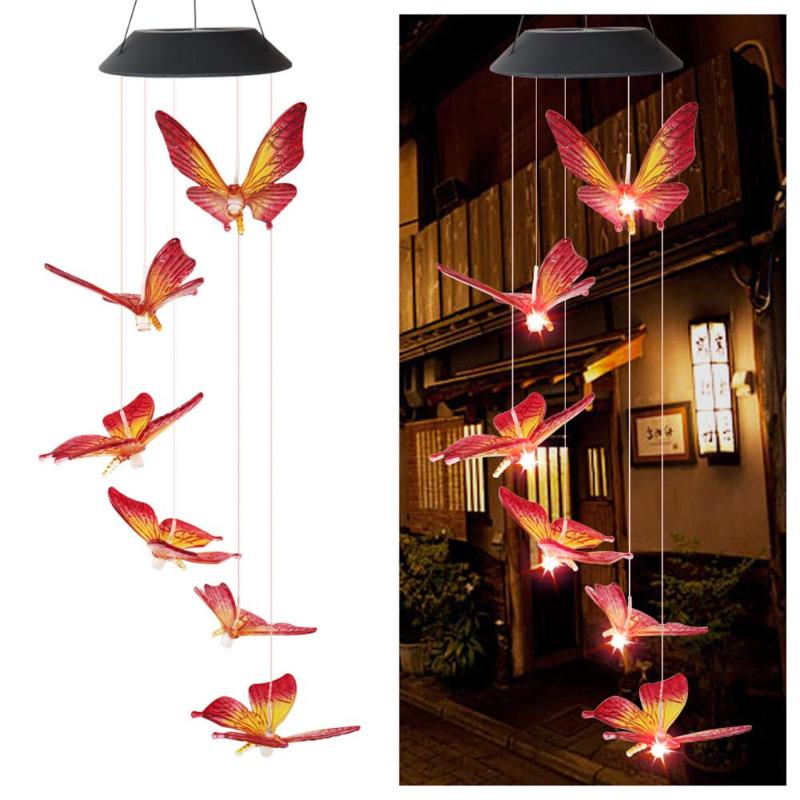 6LED Solar Power Changeable Light IP65 Waterproof Colorful Butterfly Wind Chime Lamp for Home Outdoor Garden Yard Decoration